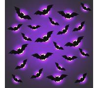 Behogan Décoration d'Halloween chauve-souris LED : lot de 24 autocollants chauve-souris violets, autocollants muraux 3D chauve-souris autocollants muraux avec batterie, pour la décoration intérieure