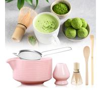 Behogan Ensemble Matcha 6 pièces, Set Matcha avec Fouet à Matcha, Bol en Céramique avec Bec, Fouet en Bambou, Support Fouet en Céramique, Cuillère Matcha, Tamis Matcha, Accessoires Matcha Rose
