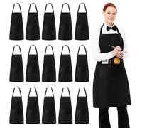 Behogan Lot de 15 tabliers de cuisine, noirs, avec 2 poches, tour de cou réglable, lavables, unisexes, pour la cuisine, la pâtisserie, le restaurant, le bricolage et le café