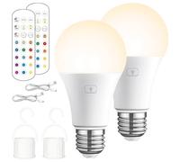 Behogan Lot de 2 ampoules LED E27 : ampoule rechargeable, intensité variable avec télécommande, fonction de minuterie, lampe avec télécommande pour le camping en plein air et l'éclairage intérieur