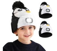 Behogan Lot de 2 bonnets avec lumière LED pour enfants : bonnet tricoté rechargeable par USB, bonnet pour enfants d'hiver, 3 modes d'éclairage, bonnet lumineux pingouin hiver bonnet chaud pour le