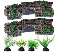 Behogan Lot de 2 grottes décoratives pour aquarium - Avec plantes aquatiques artificielles - Cachette Betta - Tronc d'arbre creux en résine - Décoration de paysage pour cachette de reptiles