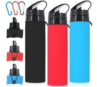 Behogan Lot de 3 bouteilles d'eau pliables : 600 ml - Bouteille d'eau pliable avec mousqueton - Gourde pliable en silicone - Bouteille d'eau réutilisable pour camping, escalade, voyage, cyclisme
