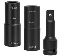 Behogan Lot de 3 douilles à double tête pour clé à percussion, 18,5/19,5/20,5/21,5 mm, clé à écrou de roue à double tête avec rallonge de force 1/2", écrous de roue compatibles avec tous les modèles