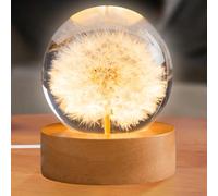 Behogan Veilleuse boule de cristal, lampe boule en verre de 6 cm avec socle en bois, veilleuse florale rechargeable par USB, pissenlit en verre, veilleuse boule de cristal fleurie