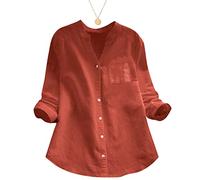 behound Linen Cotton Casual Loose Shirt - Womens Button Up Long Sleeve Tops Casual Loose Blouse with Pocket (Brick Red,L)
