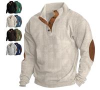 behound Mens Corduroy Shirt,Mock Neck Long Sleeve Lapel Collar Pullover Polo Sweatshirts,Western Tops Elbow Patches (Beige,3XL)
