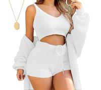 behound Miss Cozy Knit Set 3-Piece, Miss Cozy Knit 3 Piece Lounge Set for Women, Sexy Fuzzy Warm Sherpa Pajamas Set (White,S)