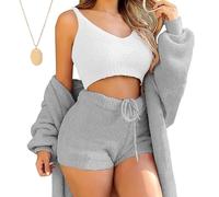 behound Miss Cozy Knit Set 3-Piece, Miss Cozy Knit 3 Piece Lounge Set for Women, Sexy Fuzzy Warm Sherpa Pajamas Set (Grey,S)