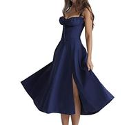 behound No Underwire-Print Bustier Sundress, Women Y2k Square Neck Low Cut Sleeveless Bustier Midi Dress (Blue,L)