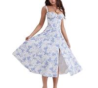 behound No Underwire-Print Bustier Sundress, Women Y2k Square Neck Low Cut Sleeveless Bustier Midi Dress (Light Blue,S)