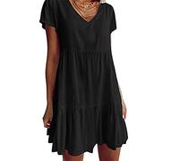 behound V Neck Casual Short Sleeve Dress, Women's Summer Casual Loose Fit V Neck Smocked Tiered Dress Flowy Beach Mini Dress (Black,XL)