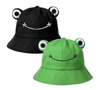 beifon 2pcs Bob Grenouille pour Adulte Chapeau de Soleil en Coton pour Femme Chapeau de Pêcheur en Coton Pliable pour Enfants Femmes (Vert + Noir)