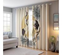 Beige 100% Rideau Occultant Pas Facile à Décolorer, Style Japonais Illustration Grue Impression Rideau Thermique pour Salon et Chambre Décoration Maison, 140 L x 245 H (2Panneaux) Lavable