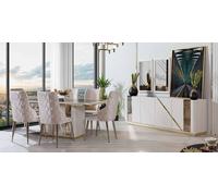 Beige Acier inoxydable Salle à manger Ensemble Designer Table x6 Chaises Commode