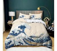 Beige Clair Housse de Couette 240x220 Vagues japonaises 3D Imprimé Parure de Lit Garçon Fille en Microfibre Chambre Décor Housse Couette avec Fermeture Éclair avec 2 Taies d'oreiller 65x65 cm