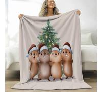 Beige Couvertures Polaire Sapin De Noël Marmotte Avec Bonnet De Père Noël Flanelle Couverture Polaire, pour Adultes Enfants Rester Chaud en Hiver Couverture en Peluche Canapé-lit Bureau 180 x 220 cm