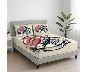 Beige Doux Respirant Drap Housse 180 x 200 x 30, Vintage Baskets Rugby Dessin Animé Imprimé Drap avec Une Rebord Élastique, Lavable Ajustable Housse Matelas avec Bonnet 30 cm