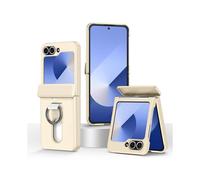 (Beige)Folding Central Axis Card Bag Phone Case with Ring For Samsung Galaxy Z Flip6 5G