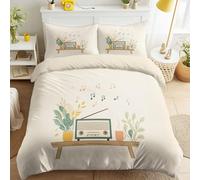 Beige Housse de Couette avec Motif Vintage, Douce Légère Facile d'entretien Linge de lit, Radio Notes De Musique Café Artistique Détendu Parure de Lit 220 x 240 pour Appartement Jeune Chambre Fille