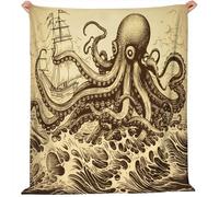 Beige Marron Couverture Flanelle Polaire Super Douce - Dessin Vintage Créature Pieuvre Imprimé Respirant Lavable en Machine Couverture pour Lit Canapé Voyage Adulte Enfant, 70 x 100 cm