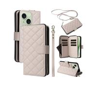 (Beige, Multicolor) For iPhone 15 Plus 14 Plus Case Wallet PU Leather Rhombus Stand Anti-Fall Phone Cover - Beige