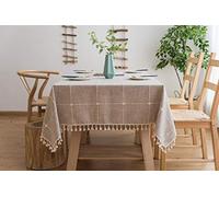 Beige Nappe Rectangulaire 140x200cm Coton et Lin Nappe de Jardin Pompon Décoration Imperméable Nappe à Carreaux Nappe Cuisine Picnic Partie - Faite à la Main
