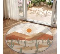 Beige Tapis Salon Rond Americain Retro Cactus Montagnes Soleil Desert Lavable Rug 200 cm Tapis AntidéRapant Poil Ras, pour Chambre Salle a Manger Descente de Lit Bureau Cuisine,