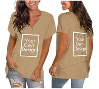 Beige Tee Shirt Personnalisable Femme à Manches Courte Col V Unie Couleur, Basique Tops d'été Tunique Décontractée, Cadeau Fantaisie Drôle, Avant Arrière imprimé Texte Photo XL
