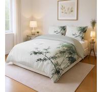 Beige Vert Style Chinois Peinture à l'Encre Bambou 220 x 240 cm Housse de Couette Haut De Gamme Imprimée avec 2 Taies d’Oreiller Literie Parure pour Adultes et Enfants