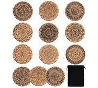 BEIIEB Lot de 12 sous-verres en liège absorbants avec motif imprimé et anti-brûlure, dessous de verre ronds réutilisables pour un bar de bureau avec 1 sac de rangement noir.