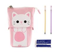 BEIIEB Trousse à crayons rétractable avec fermeture éclair - Pour fille - Avec 2 crayons éternels et 1 gomme - Motif chat de dessin animé - Rose, Rose, mignon