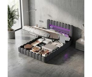 BEIJIALY Bubble Lit double rembourré, 180 x 200 cm, avec coffre de rangement hydraulique, coffre de rangement, avec tête de lit LED, cadre de lit pour adolescent, avec sommier à lattes, gris B, 180 x