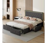 BEIJIALY Lit capitonné, 140 x 200 cm, lit double avec 4 tiroirs et sommier à lattes, tête de lit avec espace de rangement, LED et fonction de charge USB, dossier, cadre de lit, lit fonctionnel, lit de