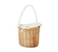 BEIJIALY Sac à Main en Rotin en Osier avec Perles, Paniers de Mariage avec Poignée en Perles, Sacs de Plage en Paille, Panier de Rangement en Rotin Tissé, Panier en Rotin pour Femme,(Large-Kaki)