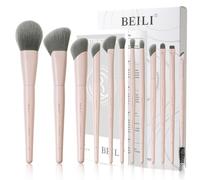 BEILI Lot de 12 pinceaux de maquillage rose végétalien pour poudre, fond de teint, anti-cernes, sourcils, fard à paupières, contour, eyeliner et estomper les yeux