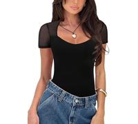 BEINF Body pour Femme Sexy Décolleté en Cœur Body Shirts Manches Courtes Mesh Transparent Eté Maigrir 2024 Tendance Sortie Bodysuits Tops Noir XXL