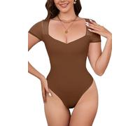 BEINF Body pour Femme Sexy Décolleté en Cœur Body Shirts Manches Courtes Mesh Transparent Eté Maigrir 2024 Tendance Sortie Bodysuits Tops Marron L