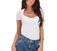 BEINF Body pour Femme Sexy Décolleté en Cœur Body Shirts Manches Courtes Mesh Transparent Eté Maigrir 2024 Tendance Sortie Bodysuits Tops Blanc S
