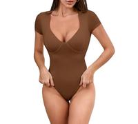 BEINF Body pour Femme Sexy Profonde Encolure en V Manches Courtes Amincissant Sortie Thong Bodysuit Tops Marron M