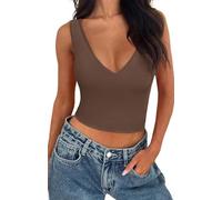 BEINF Débardeur Femme Crop Top Sexy V Encodage sans Couture Manches Slim Fit Trendy Y2K Corse Tank Tops Basics T Shirt Marron M