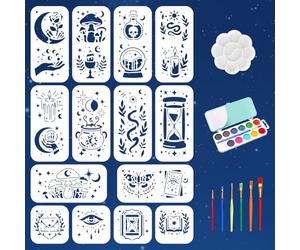 beinkmake Lot de 14 pochoirs de divination occulte pour peinture avec kit de peinture, modèles de tarot mystique, lune, étoile, pochoirs réutilisables pour loisirs créatifs sur bois, tissu, toile