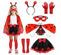 Beipegin 6 Pièces Deguisement Ladybug Enfant Filles Tutu Jupe Ailes Serre-tête Masque Gants Chaussettes Deguisement Coccinelle pour Halloween Carnaval Cosplay