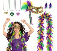 Beipegin Accessoires de costume de Mardi Gras en plumes, masque de Mardi Gras, boucles d'oreilles, colliers de perles pour homme et femme, carnaval, Halloween, fête