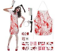Beipegin Déguisement Boucher Tablier Boucher Sanglante Couteau Cicatrices Tatouages Serre Tete Halloween Déguisement Zombie Costume Halloween Homme Femme