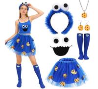 Beipegin Déguisement Monstre Biscuits Tutu Bleu Bandeaux Monstre Biscuits Boucles d'oreilles Collier Costume de Cookie Déguisement Carnaval Halloween Femme