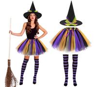 Beipegin Déguisement Sorcière Femme - Jupe Tutu, Chapeau, Bas et Robe pour Halloween