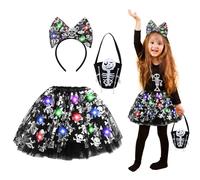 Beipegin LED Light Up Déguisement Squelette Enfant,Jupe Lumineuse et Squelette Bandeau Costume Squelette Deguisement Halloween Fille