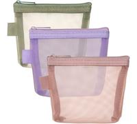 BEIQIYA Lot de 3 mini trousses de maquillage en maille avec fermeture éclair pour femme, sac à main, rouge à lèvres, clés, articles essentiels, écouteurs, cartes bancaires, rose, violet et vert