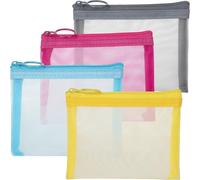 BEIQIYA Lot de 4 mini trousses de maquillage en maille avec fermeture éclair pour femme, sac à main, rouge à lèvres, clés, articles essentiels, écouteurs, cartes bancaires, gris, rose, bleu et jaune